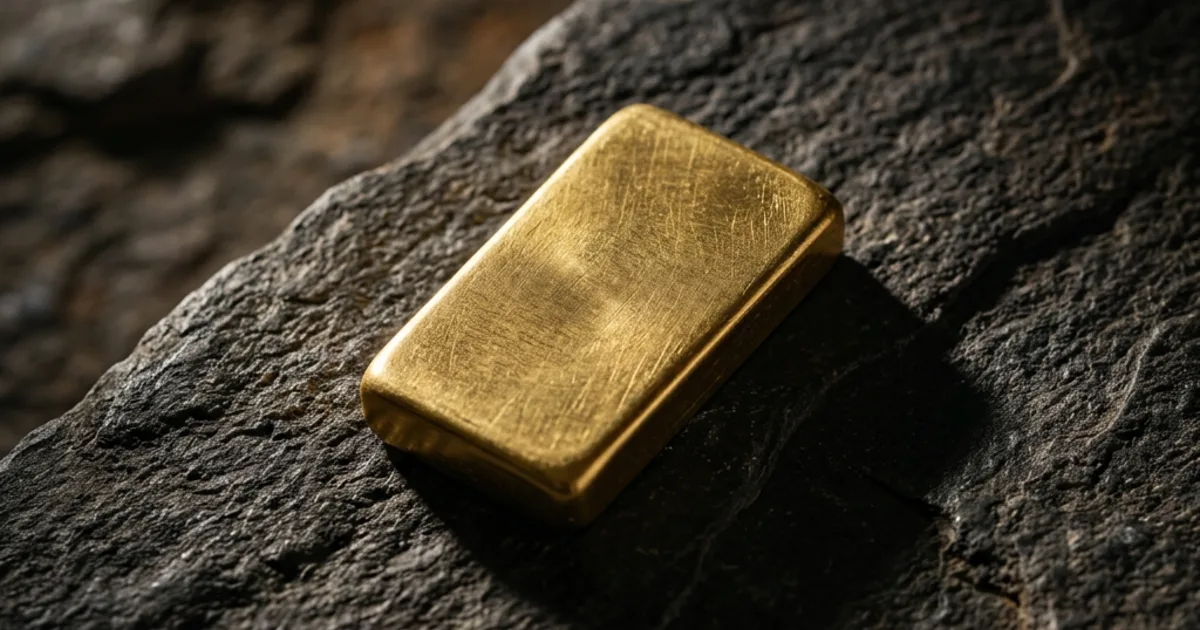 Small gold ingot on dark textured stone