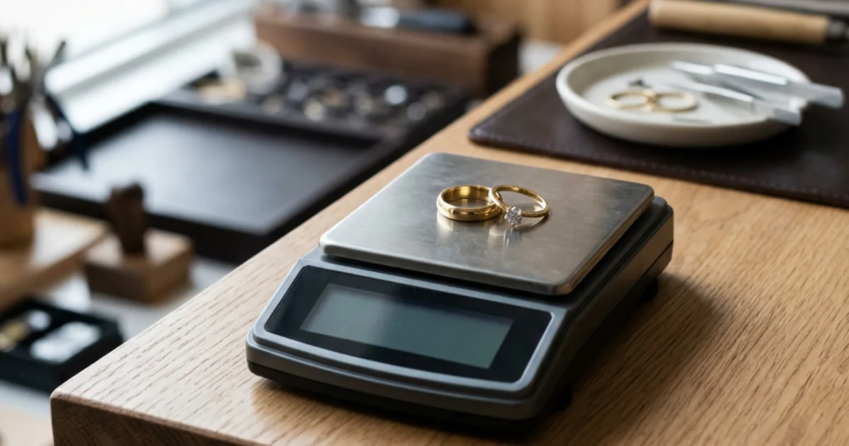 Gold rings on a jeweler's weighing scale