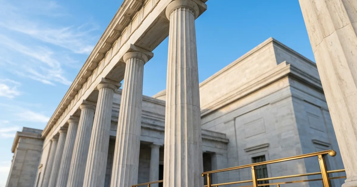 Neoclassical stone columns against a clear blue sky