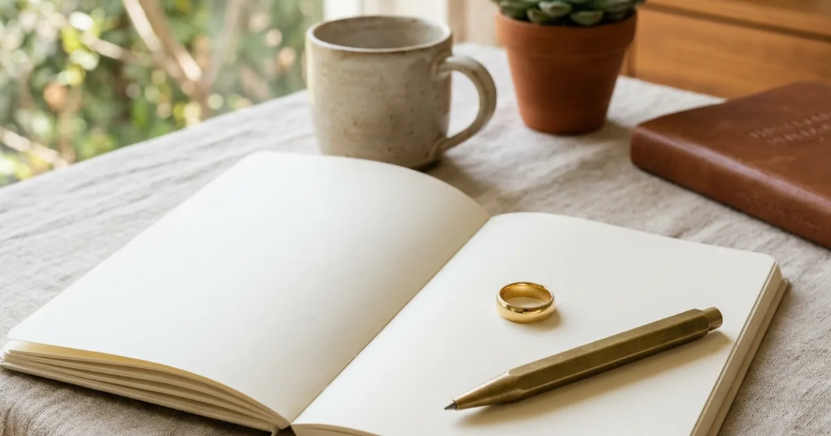 Notebook, pen and gold ring on a sunlit desk
