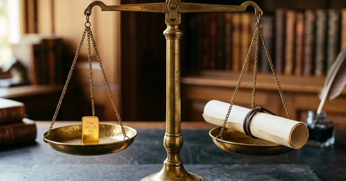 Brass balance scale comparing a gold ingot and rolled paper