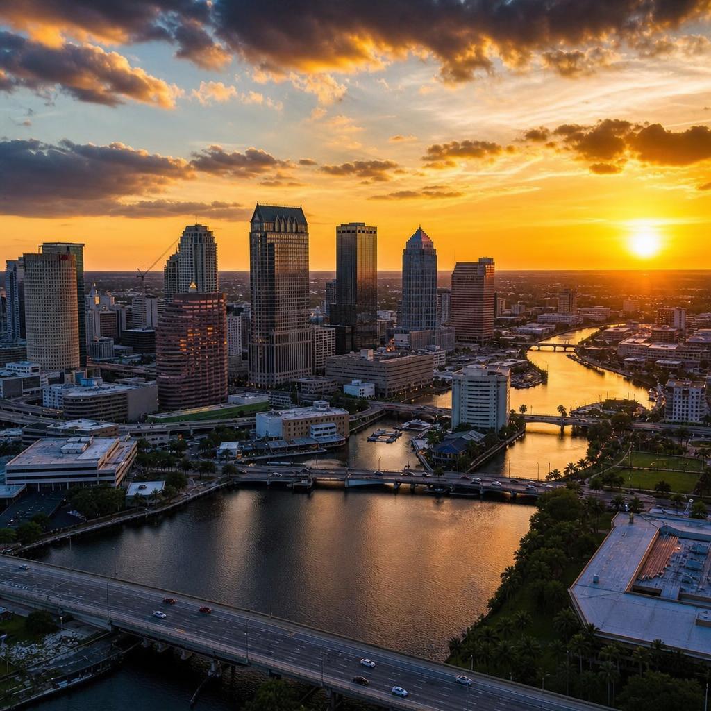 Tampa Bay skyline at golden hour — Gold Buyers Florida, serving Tampa Bay since 2010