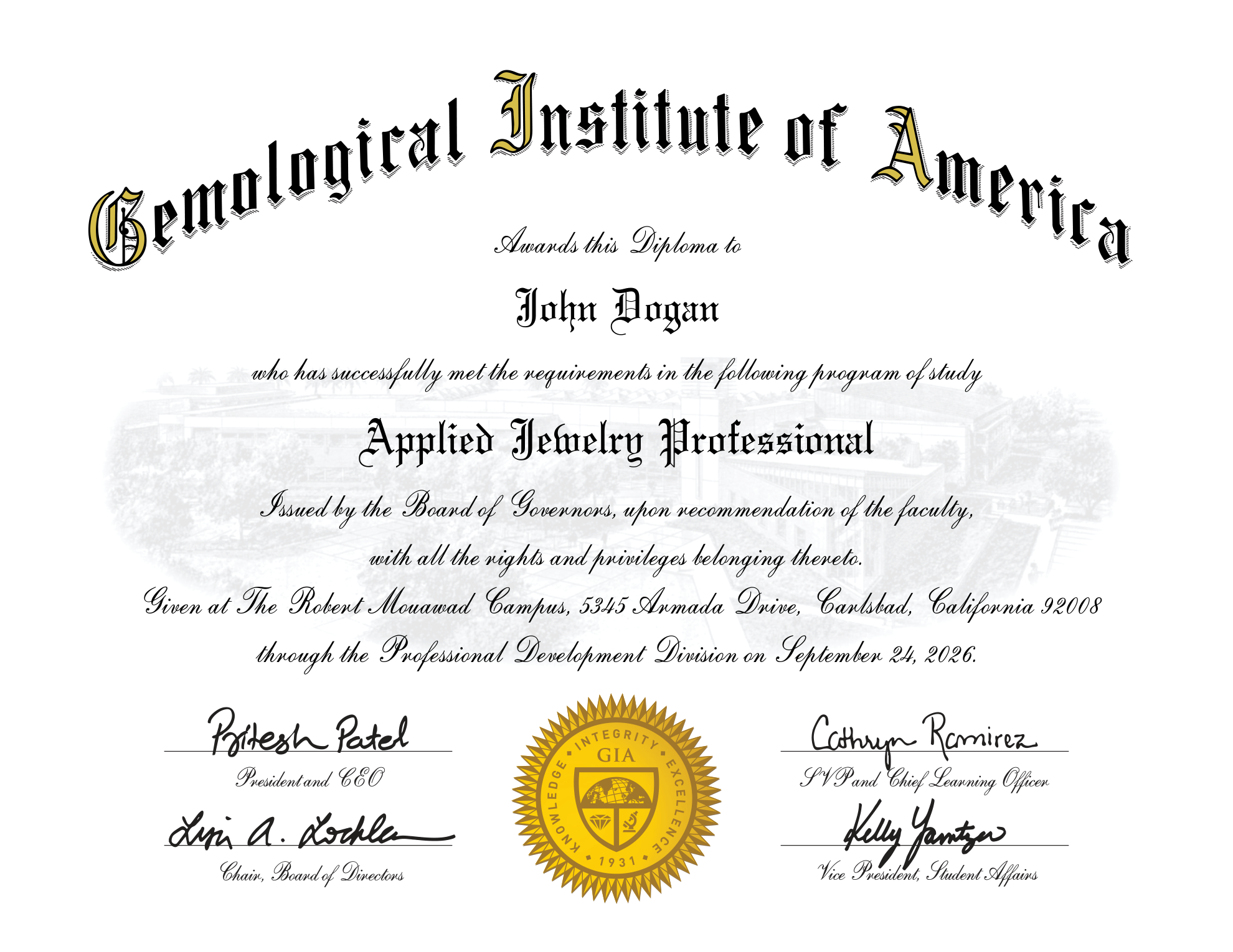 John Dogan's GIA Applied Jewelry Professional diploma